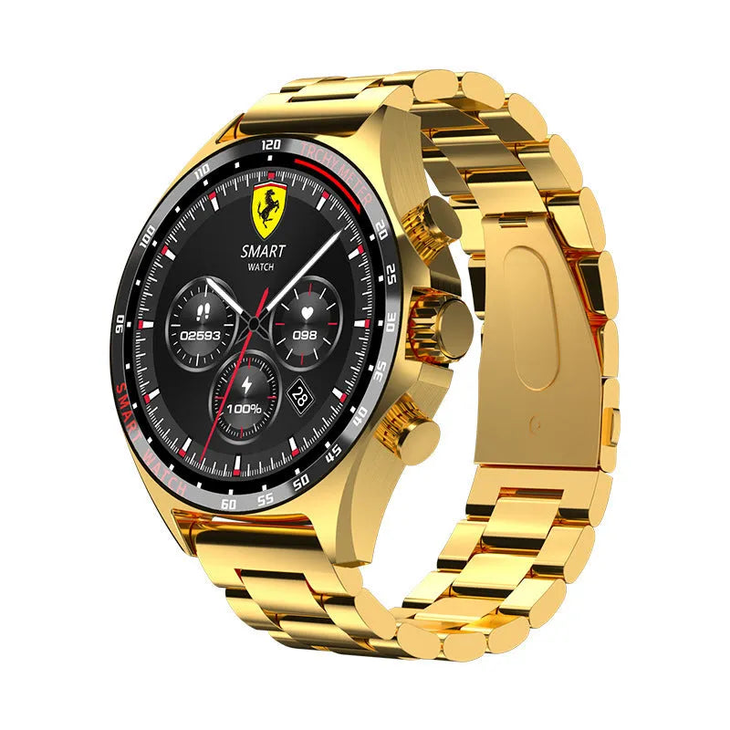 Smart watch with touchscreen display showing health metrics, available in black, silver, and gold colours