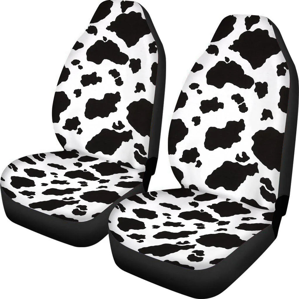Retro cow spot leopard print pattern on a pair of universal polyester car seat covers.
