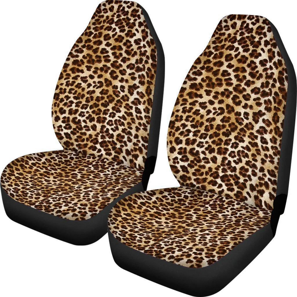 Retro cow spot leopard print pattern on a pair of universal polyester car seat covers.