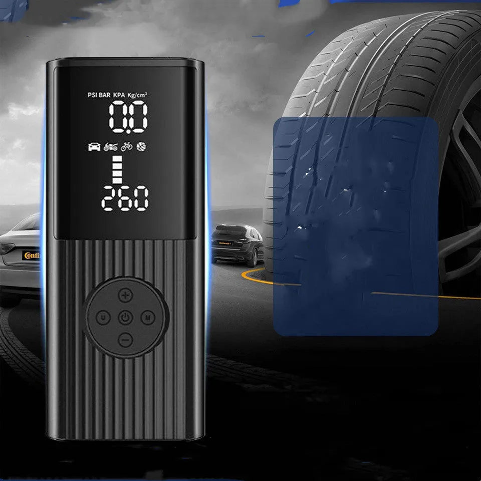 Portable wireless car tyre air compressor with digital display, LED light, and hose
