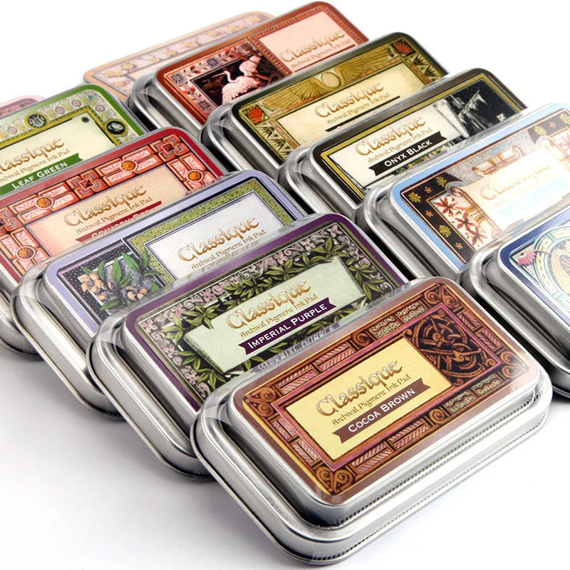 Quick-drying oily ink pad for rubber stamps in rectangle shape, showing colour options.