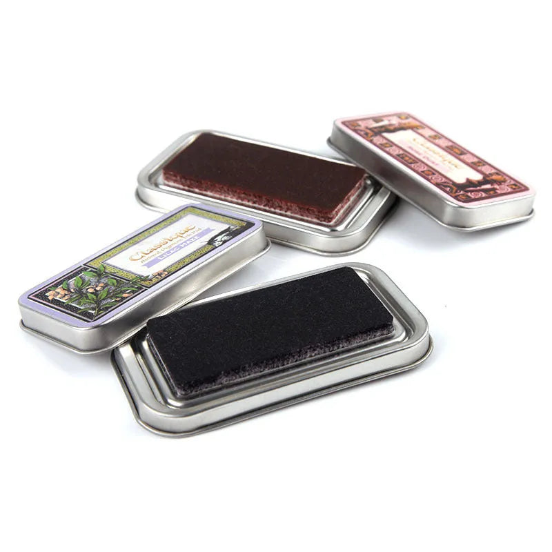 Quick-drying oily ink pad for rubber stamps in rectangle shape, showing colour options.