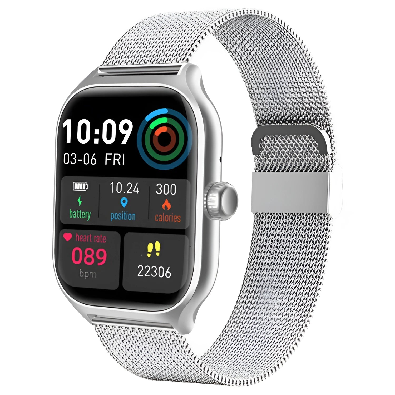 Bluetooth smart watch with touch screen showing heart rate and health metrics
