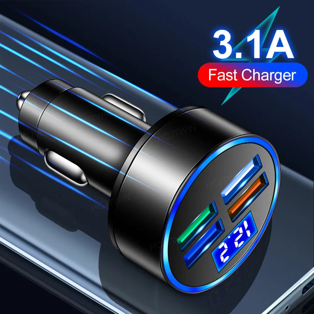 Black multi-port car charger with four USB ports and cigarette lighter plug for vehicle charging