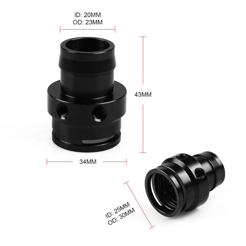 Black and titanium coloured vacuum adapter tee fitting for second generation car engines.