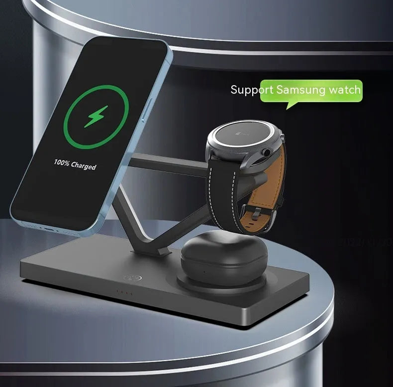 White five-in-one wireless charging station with night lamp, phone charging bracket, watch charger and circular charging base