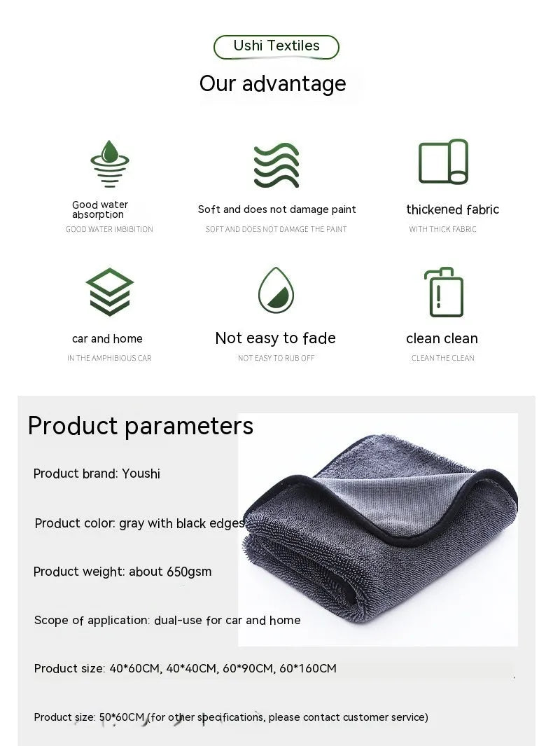 Grey automobile cleaning cloth with black edging showing spiral hair texture and hemmed edges