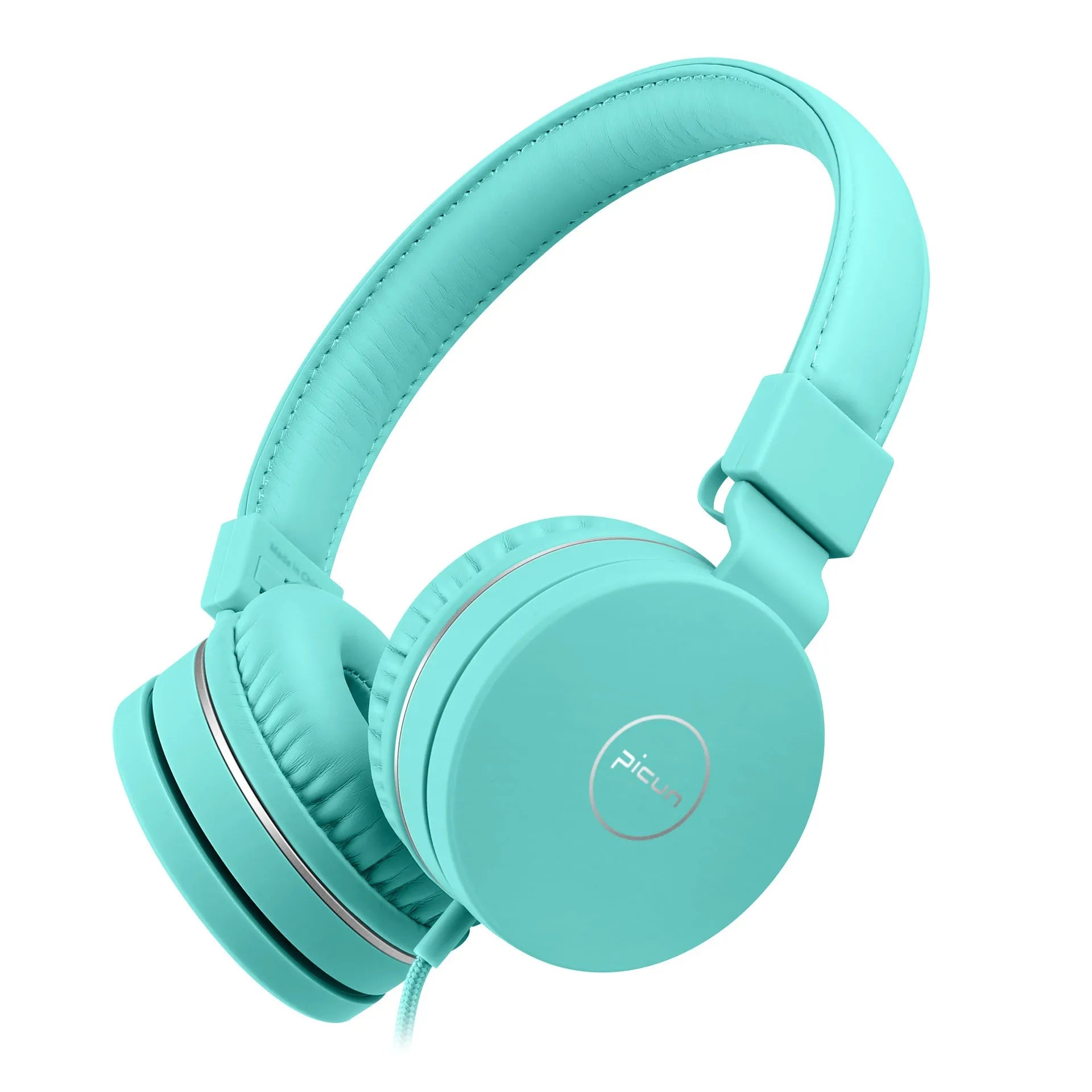 Bengoo C30 wired over-ear headphones with microphone in mint green colour, showing braided cable and 3.5mm plug.