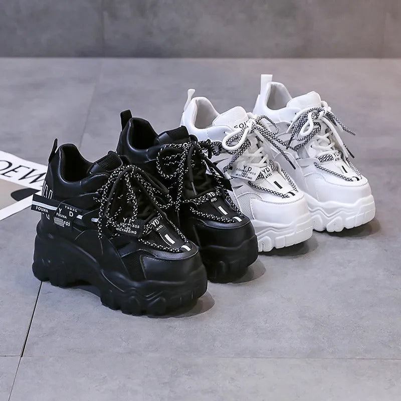 Women's white breathable mesh platform sports shoes with cross strap and round toe