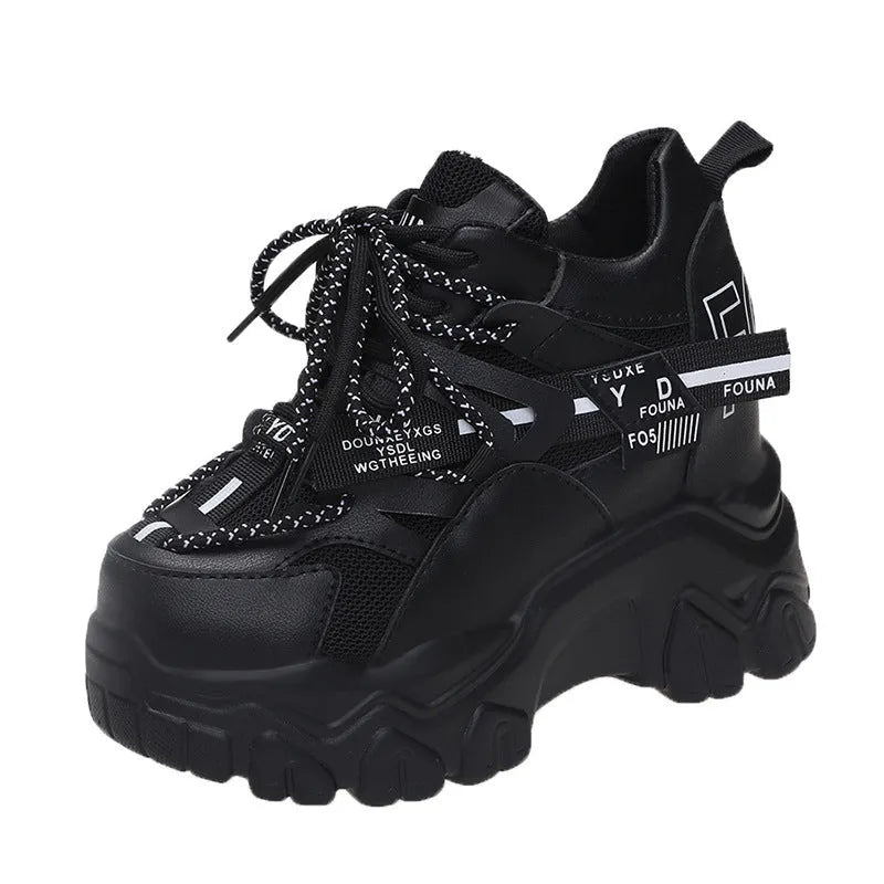 Women's white breathable mesh platform sports shoes with cross strap and round toe