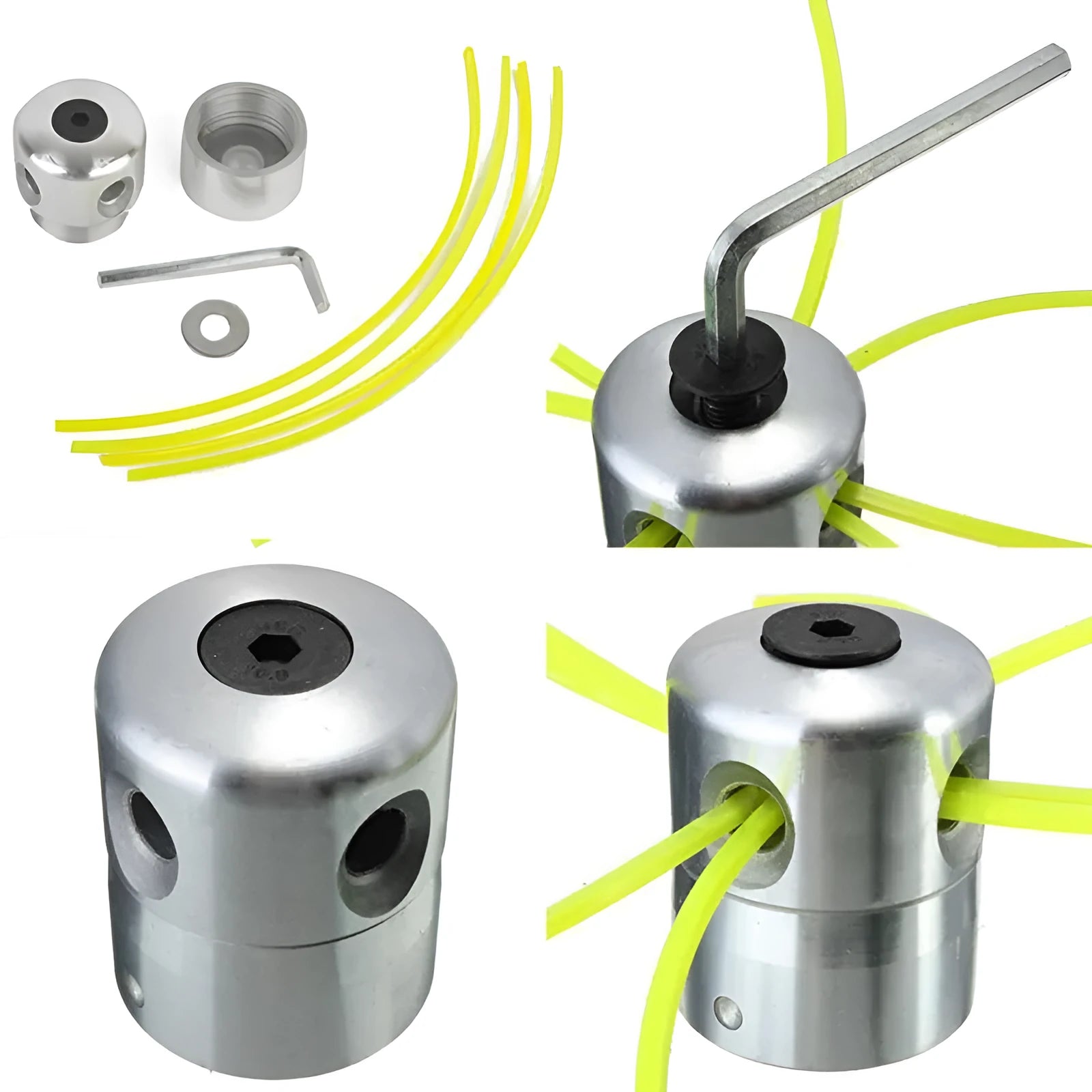 Silver aluminium Luzhu lawn mower grass trimmer head with four light yellow square ropes, wrench, and gasket.