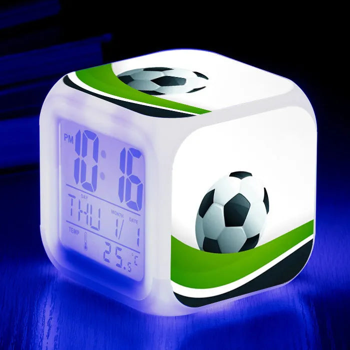 Square children's alarm clock with football pattern design and mute alarm function