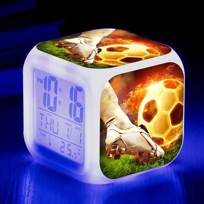 Square children's alarm clock with football pattern design and mute alarm function