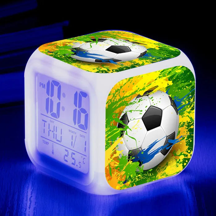 Square children's alarm clock with football pattern design and mute alarm function