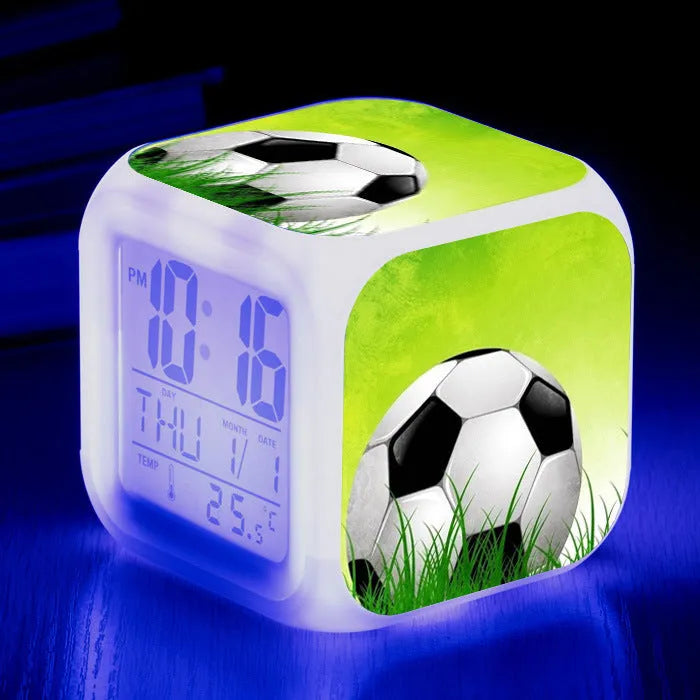 Square children's alarm clock with football pattern design and mute alarm function