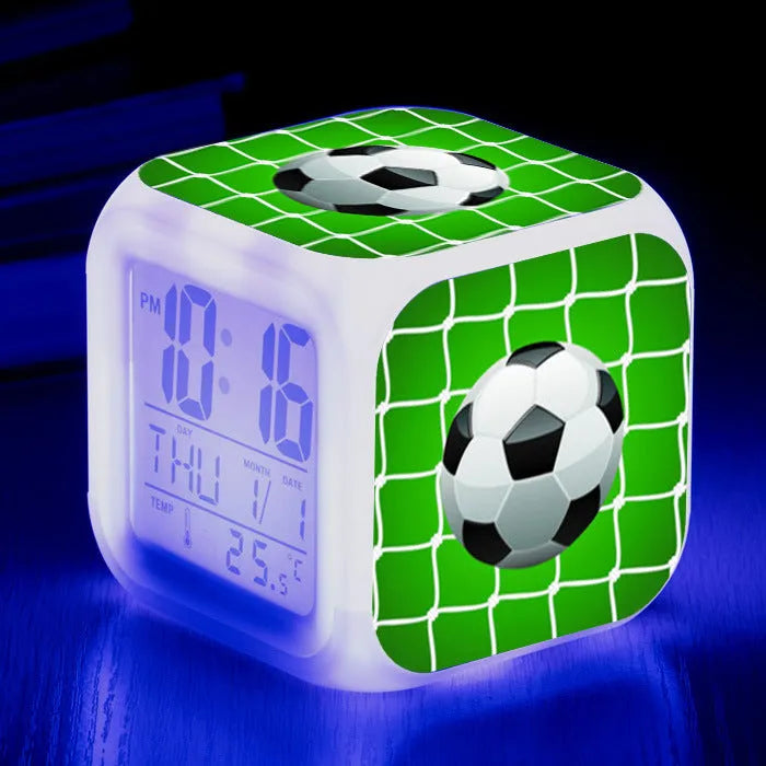 Square children's alarm clock with football pattern design and mute alarm function