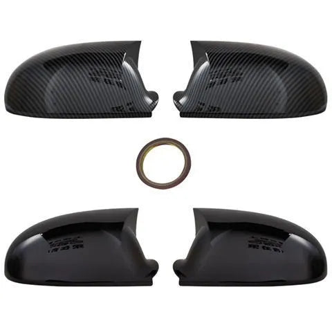 Pair of plastic mirror housings for Volkswagen Sagitar (2006-2011) in black and carbon fibre finishes.