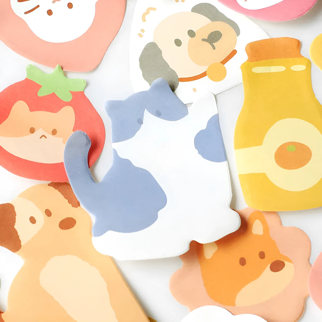Animal shaped sticky note set showing decorative covers with bunny, kitten, and sea otter designs