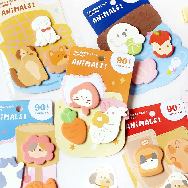 Animal shaped sticky note set showing decorative covers with bunny, kitten, and sea otter designs