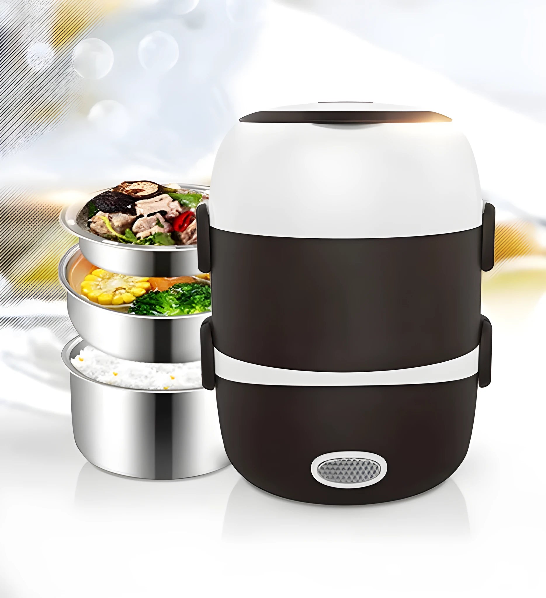 Multi-function electric lunch box with heating element showing two-layer and three-layer capacity options