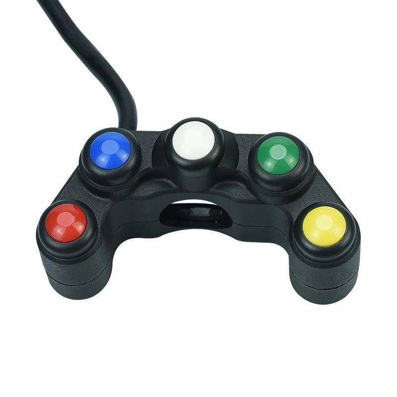 Plastic five-position vehicle rocker switch with red, yellow, blue, green, and white buttons and 52cm wire