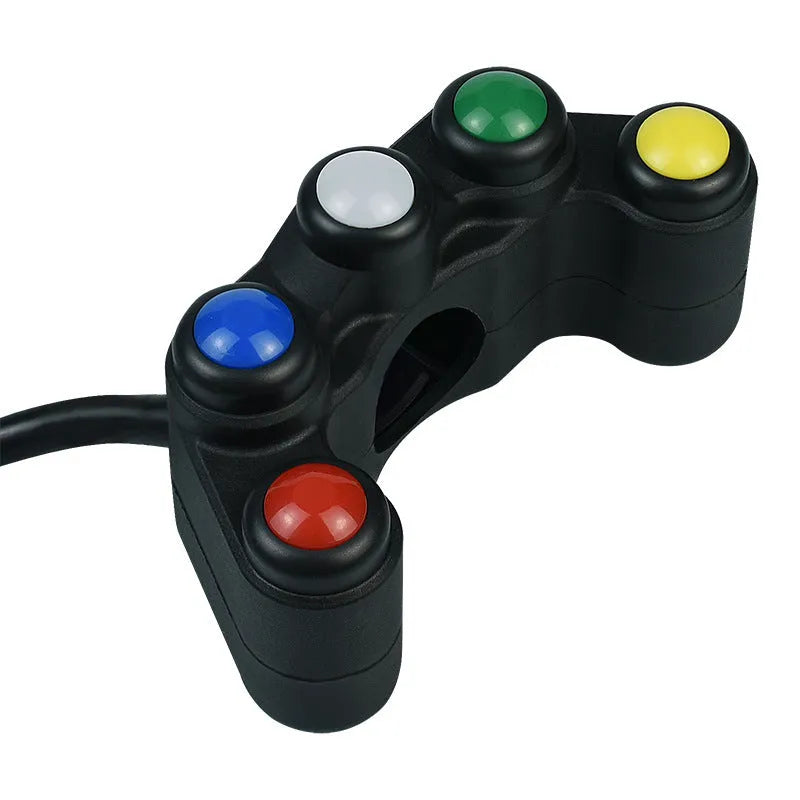 Plastic five-position vehicle rocker switch with red, yellow, blue, green, and white buttons and 52cm wire