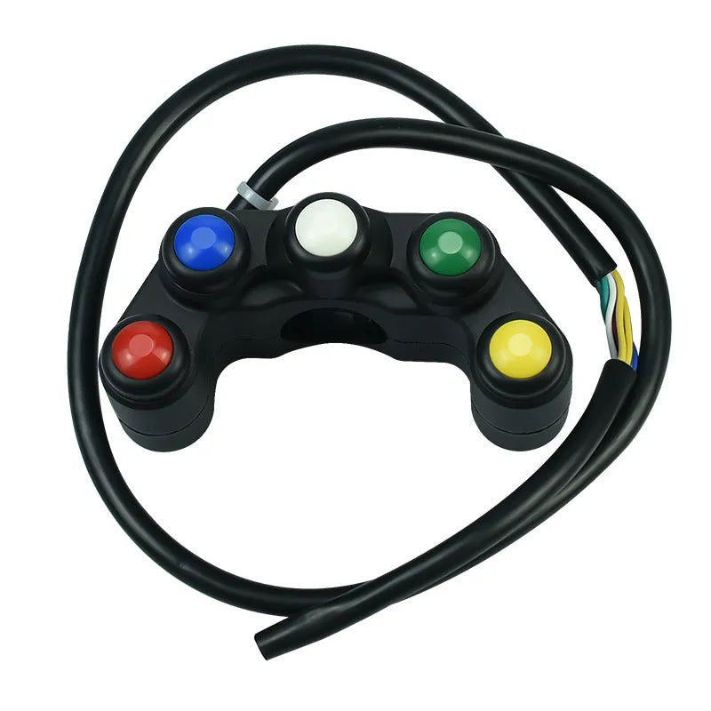Plastic five-position vehicle rocker switch with red, yellow, blue, green, and white buttons and 52cm wire