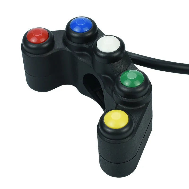 Plastic five-position vehicle rocker switch with red, yellow, blue, green, and white buttons and 52cm wire