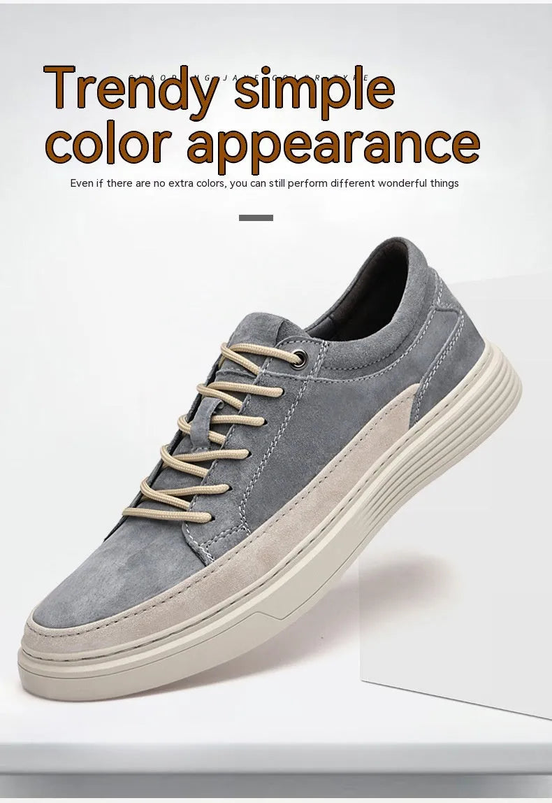 Men's low-top grey casual skate shoes with pigskin leather upper and rubber sole