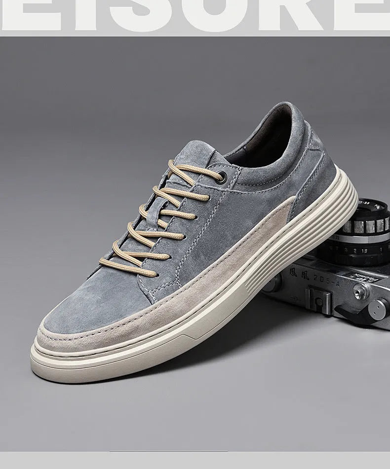 Men's low-top grey casual skate shoes with pigskin leather upper and rubber sole
