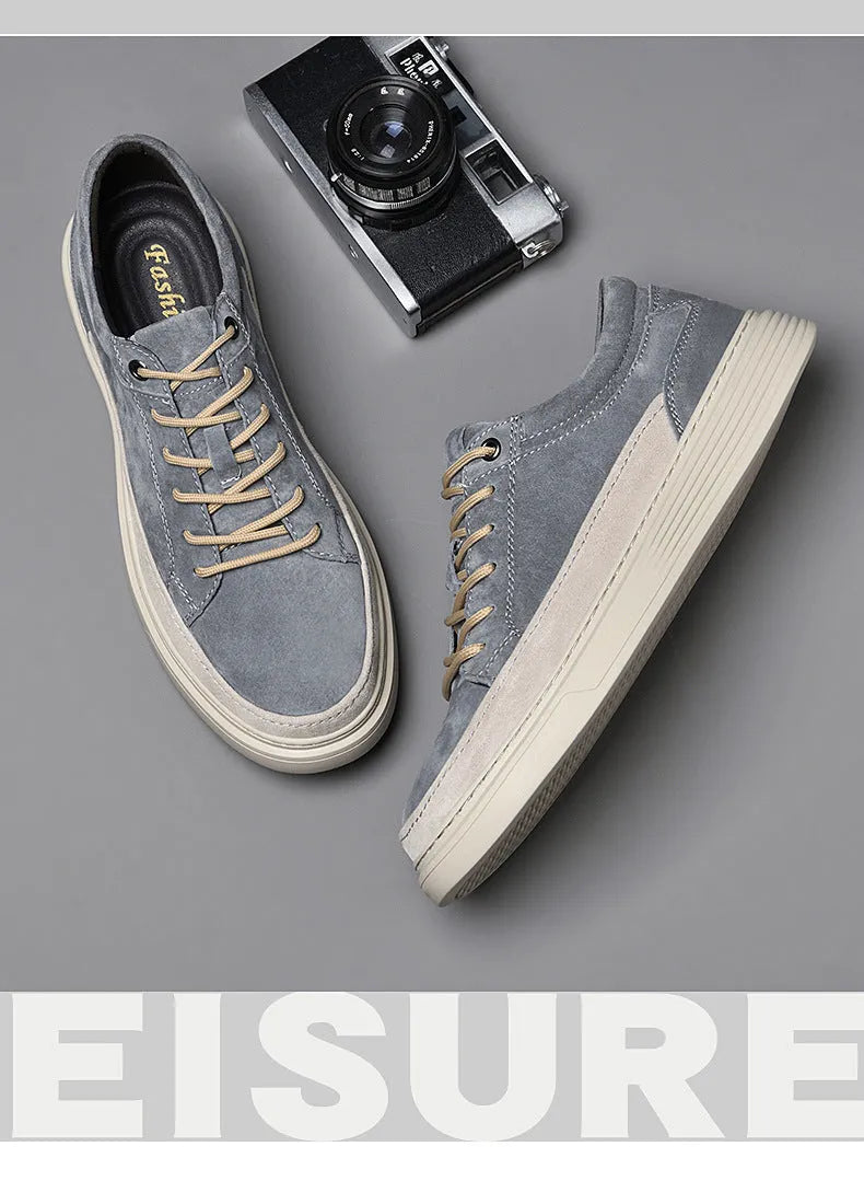 Men's low-top grey casual skate shoes with pigskin leather upper and rubber sole