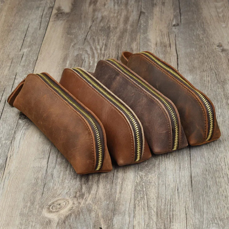 Genuine cowhide leather handmade square pencil and glasses case with zipper, in black.