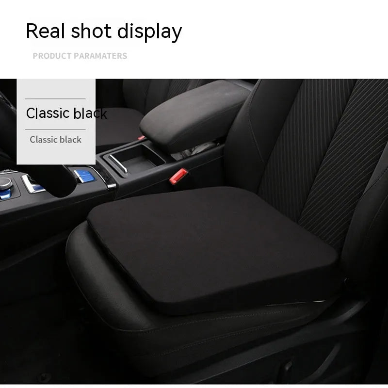 Black car seat cushion with thick foam padding measuring approximately 42cm by 39cm