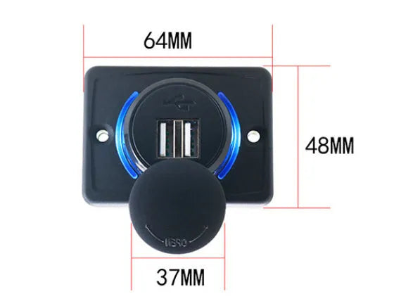 Black 12V dual USB car charger with 3.1A output and mounting screws