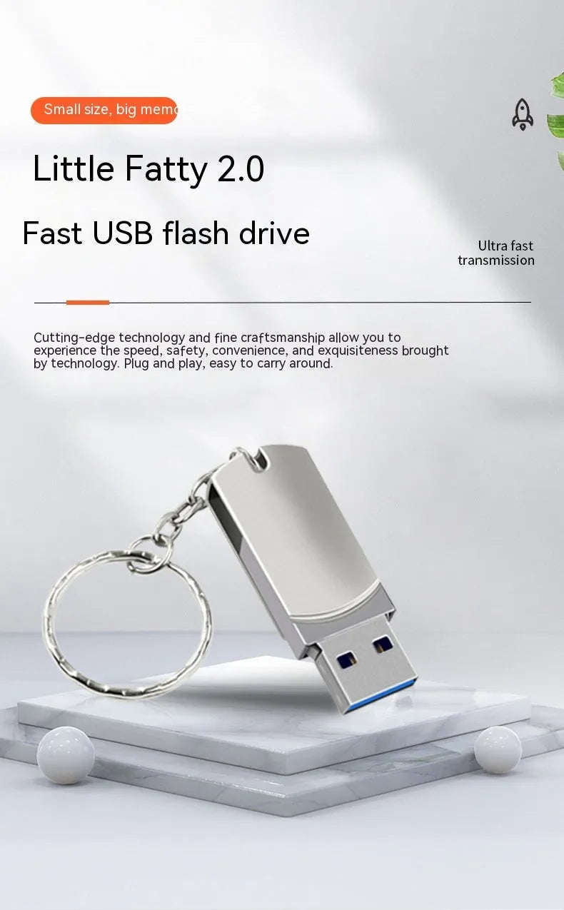 White metal USB flash drive with rotating cap shown next to a UK 10p coin for scale