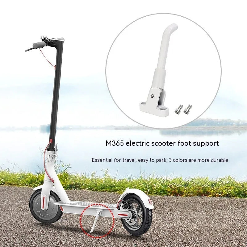 Aluminium electric scooter foot brace accessory in black, white, and grey colours with mounting screws