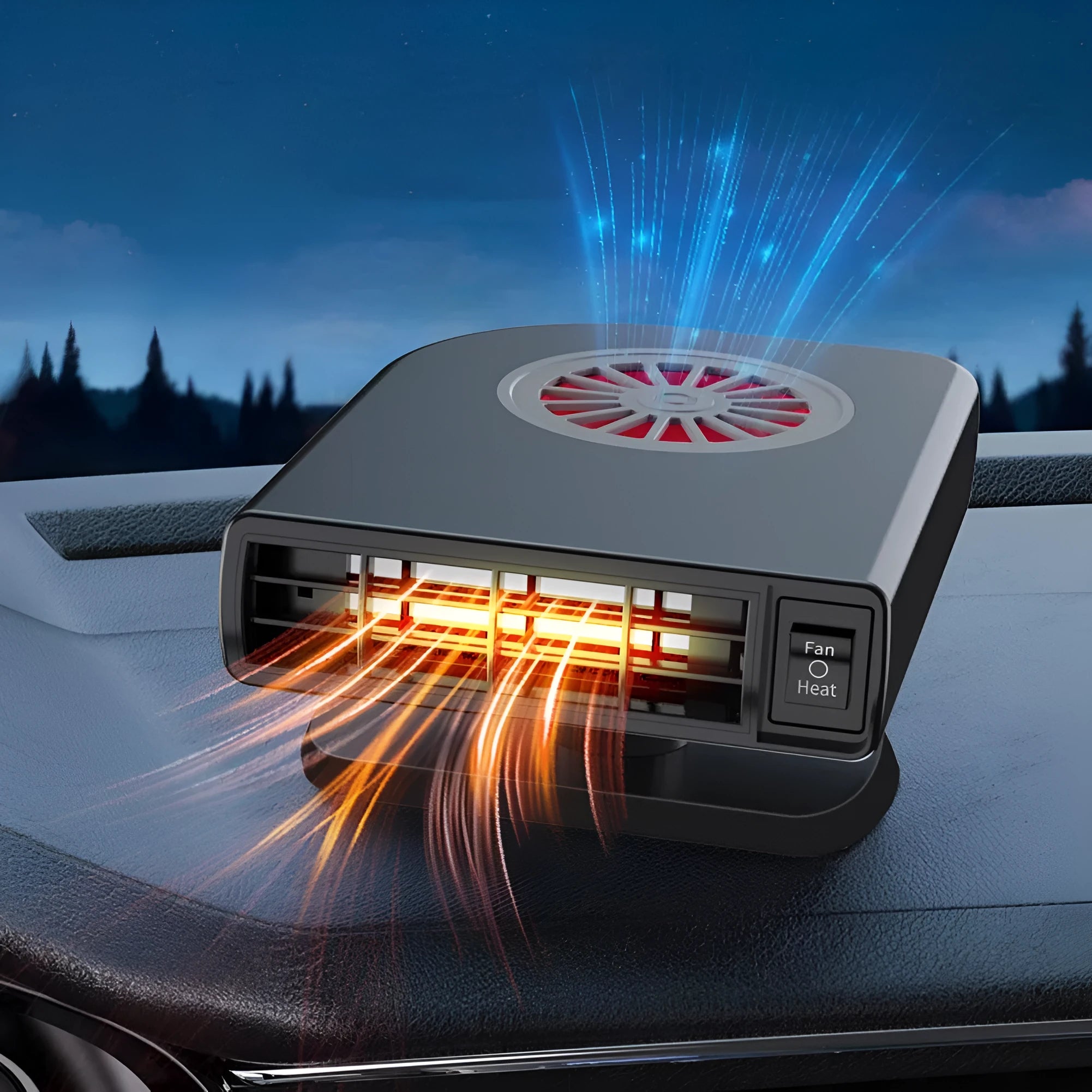 Black vehicle-mounted heater with adjustable vents for car defrosting and defogging, shown with double-sided adhesive.