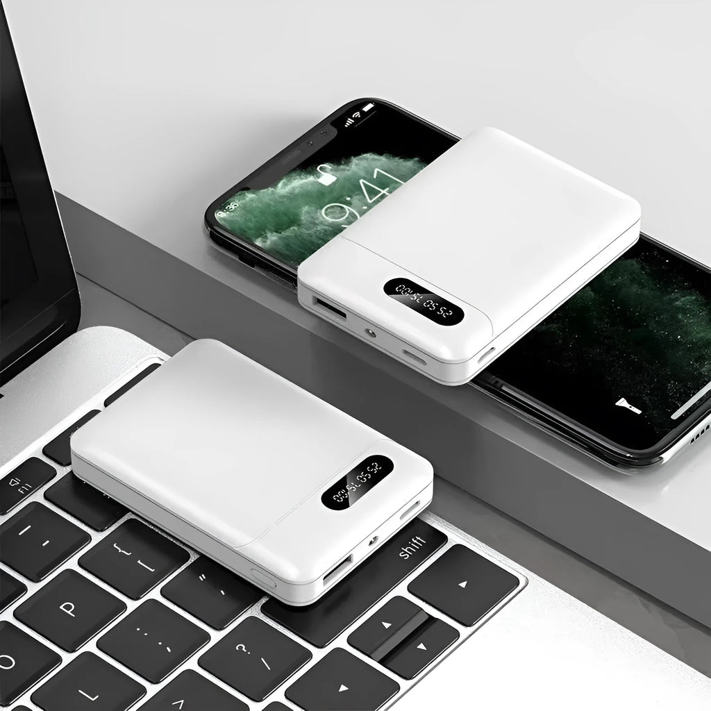 White portable power bank with multi-USB ports measuring 92x63x23mm