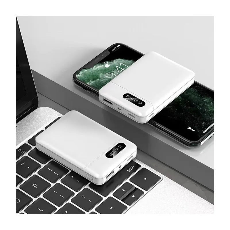 White portable power bank with multi-USB ports measuring 92x63x23mm