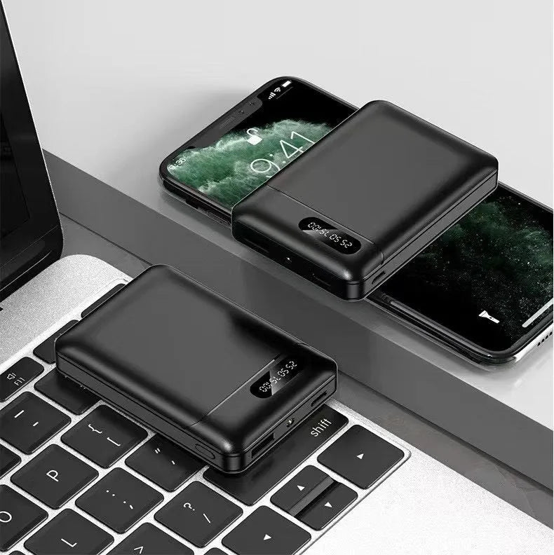 White portable power bank with multi-USB ports measuring 92x63x23mm