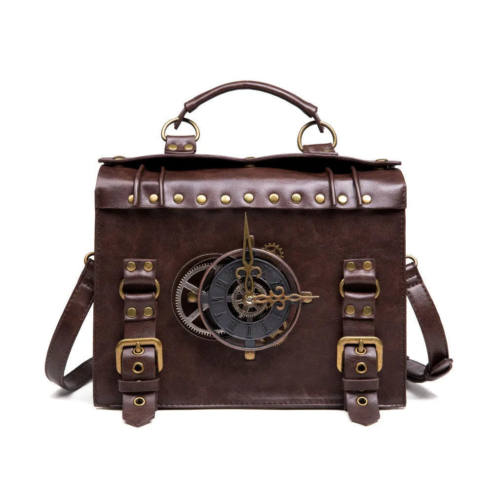 Bronze steampunk style shoulder bag with metal details and a soft pillow bag shape.