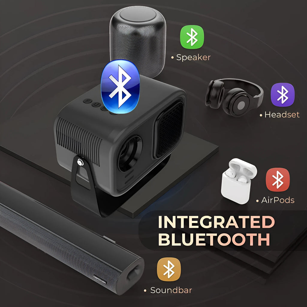 Matte black portable smart HD projector with remote control on wooden surface