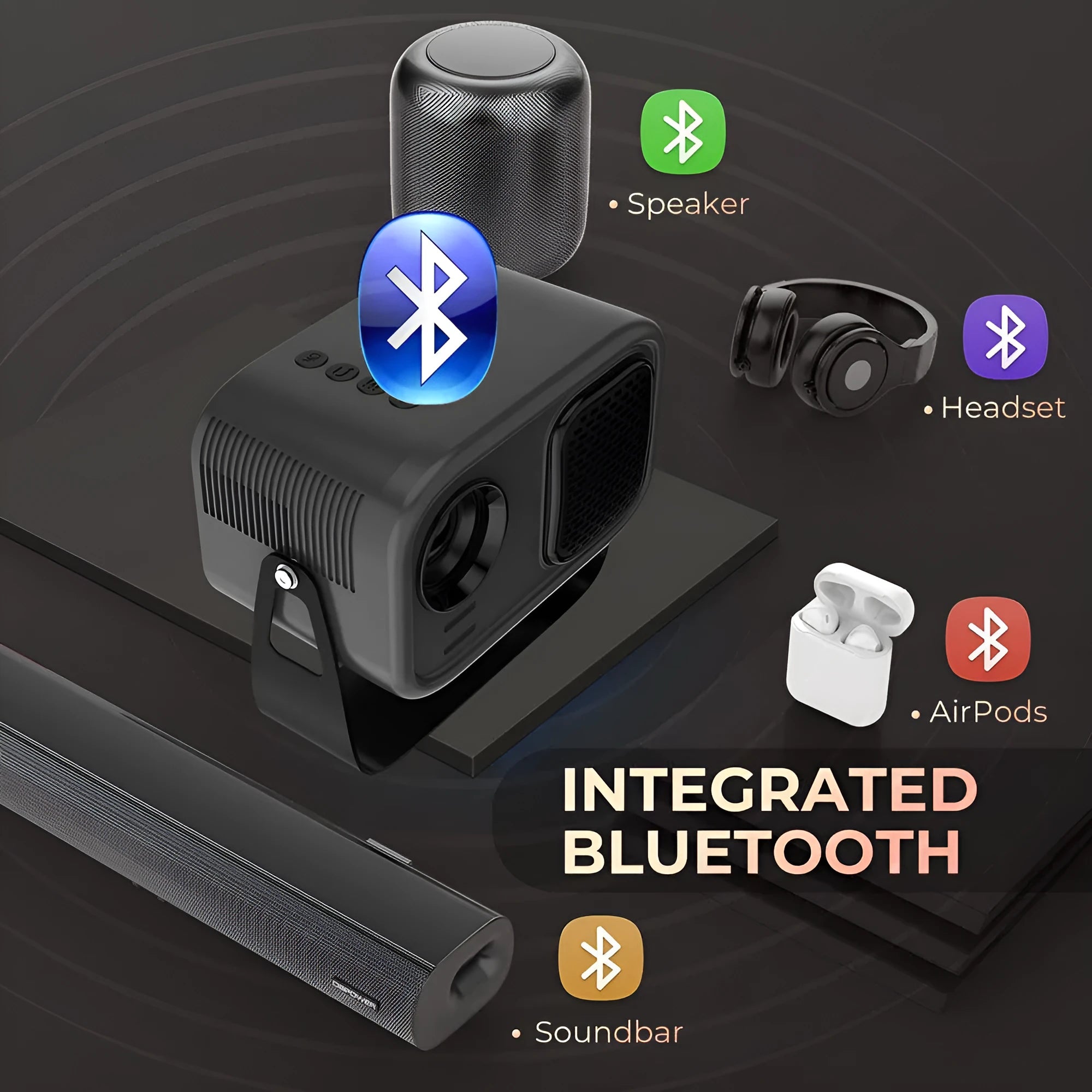 Matte black portable smart HD projector with remote control on wooden surface
