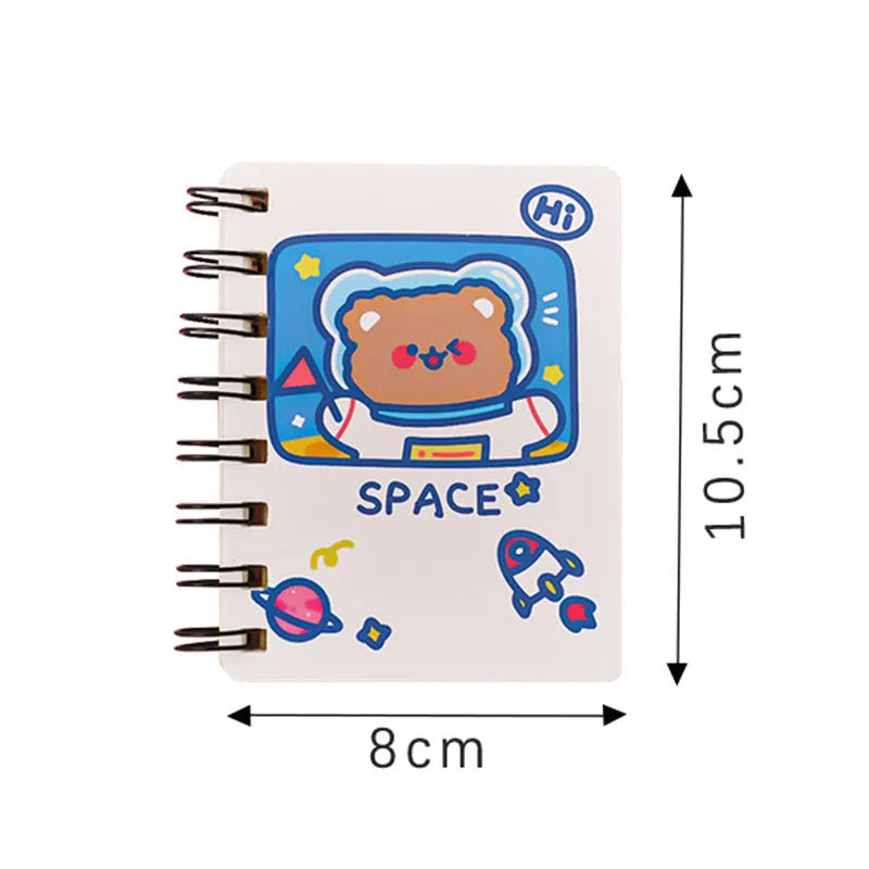 Small astronaut-themed flipper notebook showing one of four cover designs: Astronaut Bear, Planet Teddy, Space Cat, or UFO.