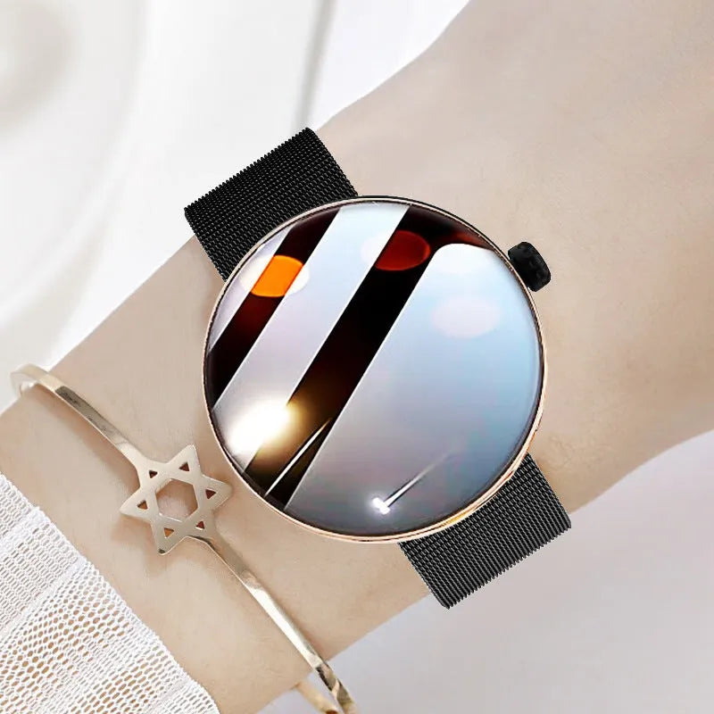 Women's smart watch with circular dial and metal strap in choice of finishes