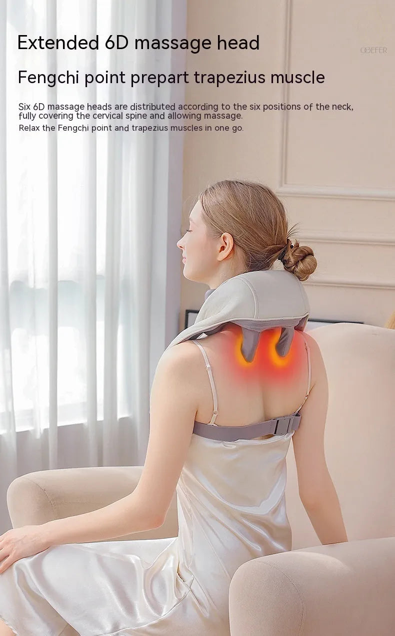 Milky white rechargeable shoulder and neck massager unit with USB charging cable.