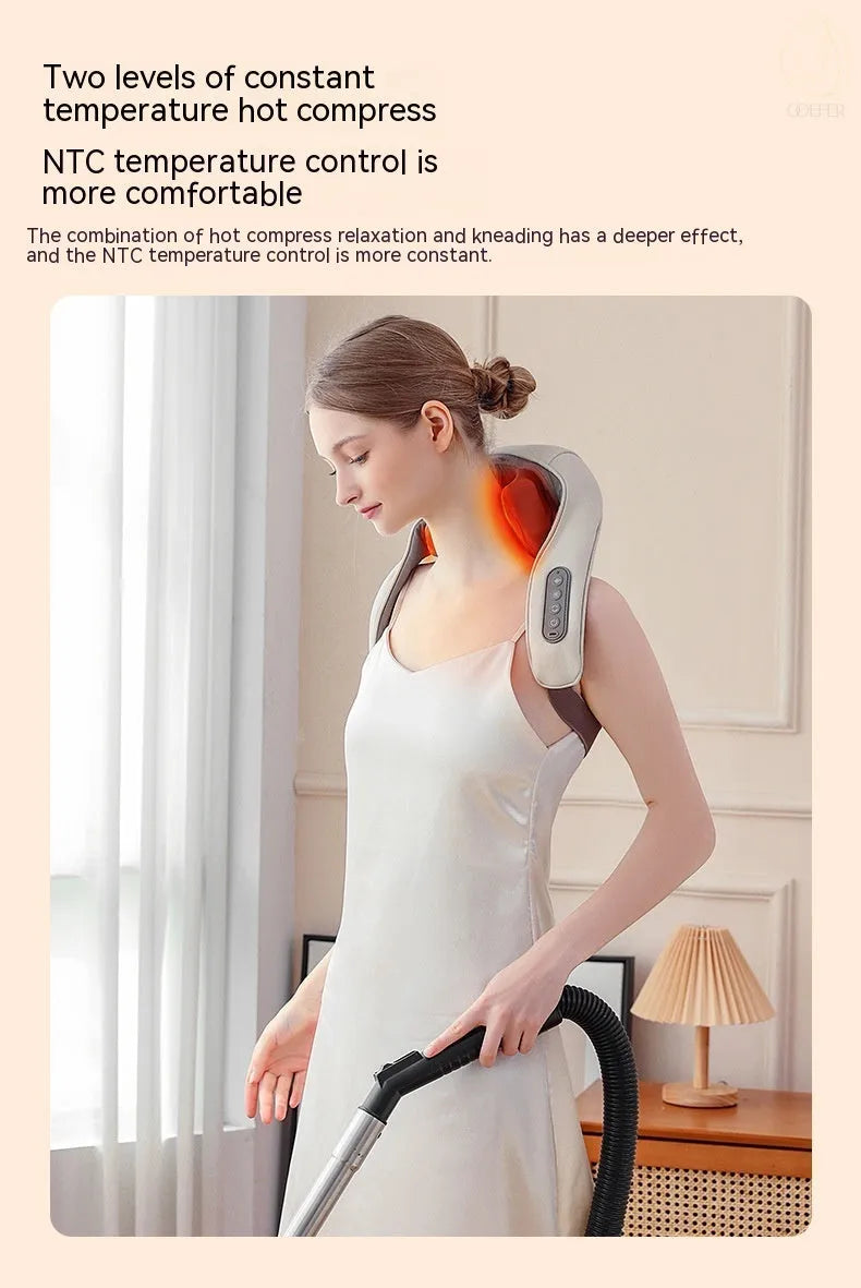 Milky white rechargeable shoulder and neck massager unit with USB charging cable.