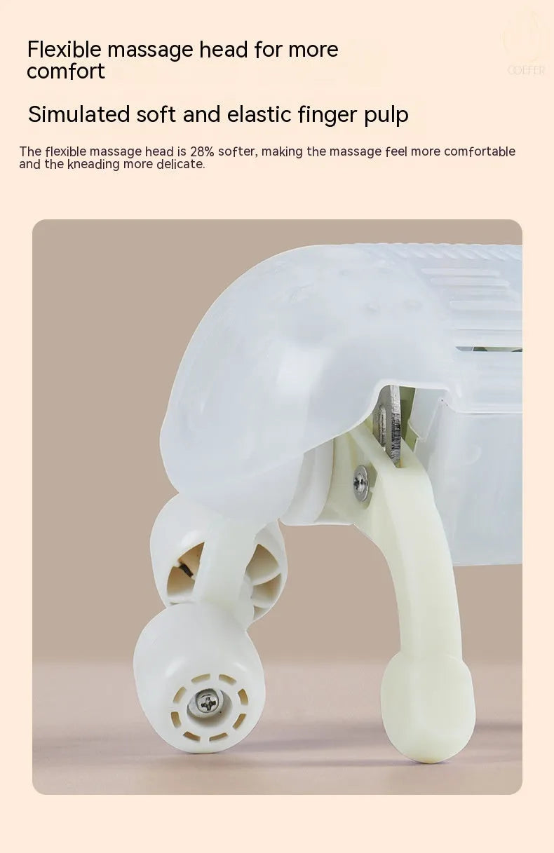 Milky white rechargeable shoulder and neck massager unit with USB charging cable.
