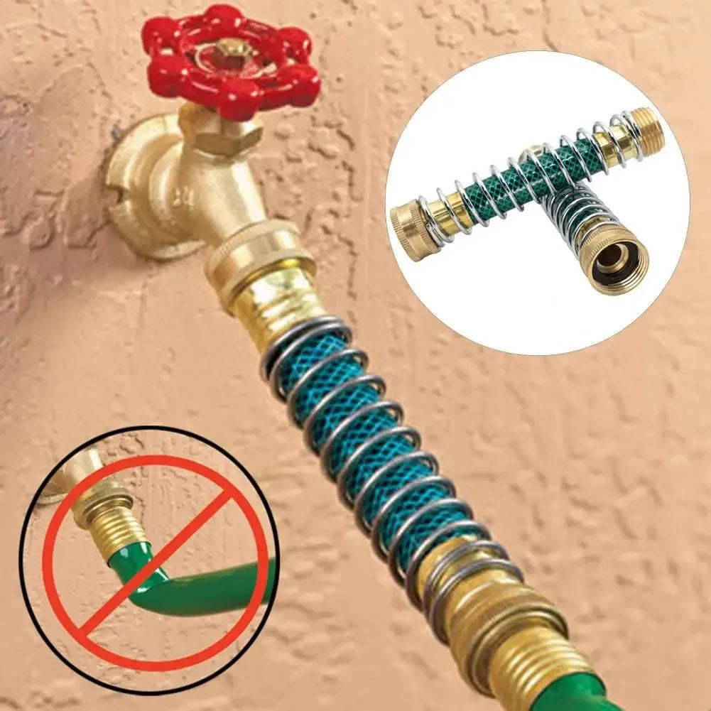 Brass garden hose connector with visible spiral spring, 15 cm long with 3/4 inch threaded fittings