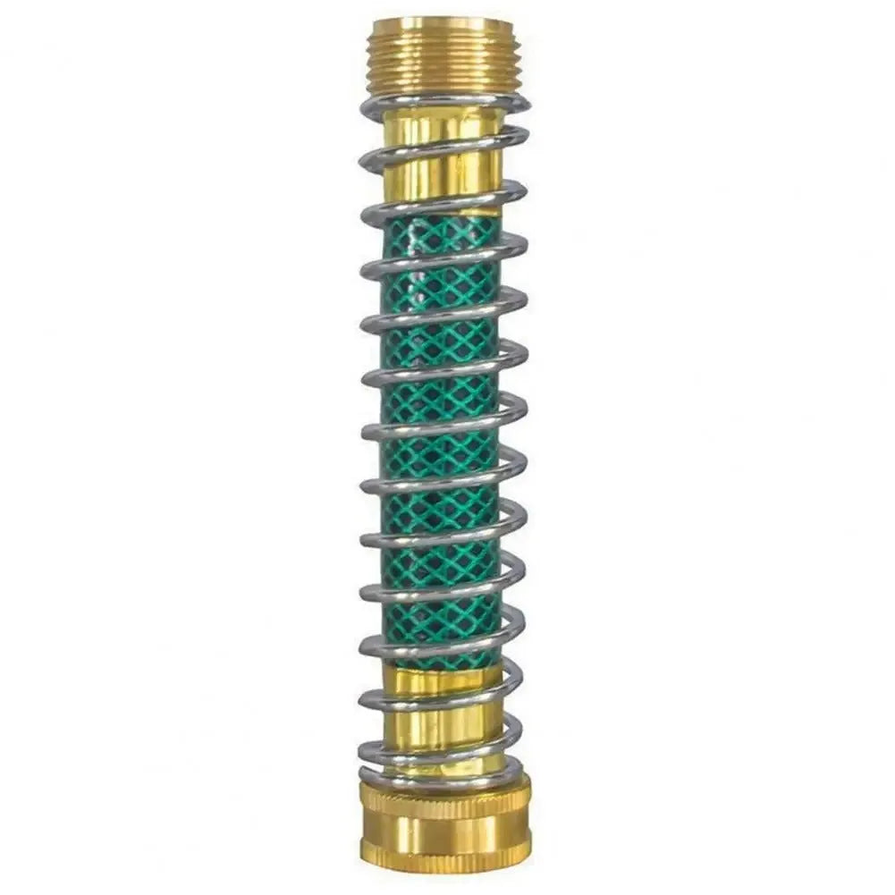Brass garden hose connector with visible spiral spring, 15 cm long with 3/4 inch threaded fittings